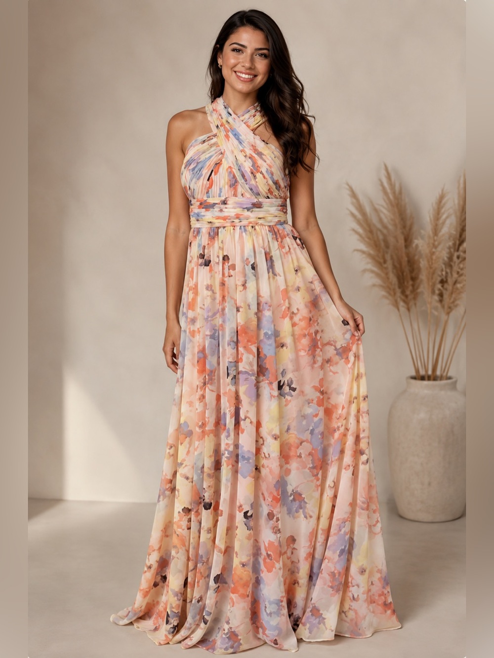 Calvin Klein Pastel Watercolor Crisscross Halter Maxi Dress